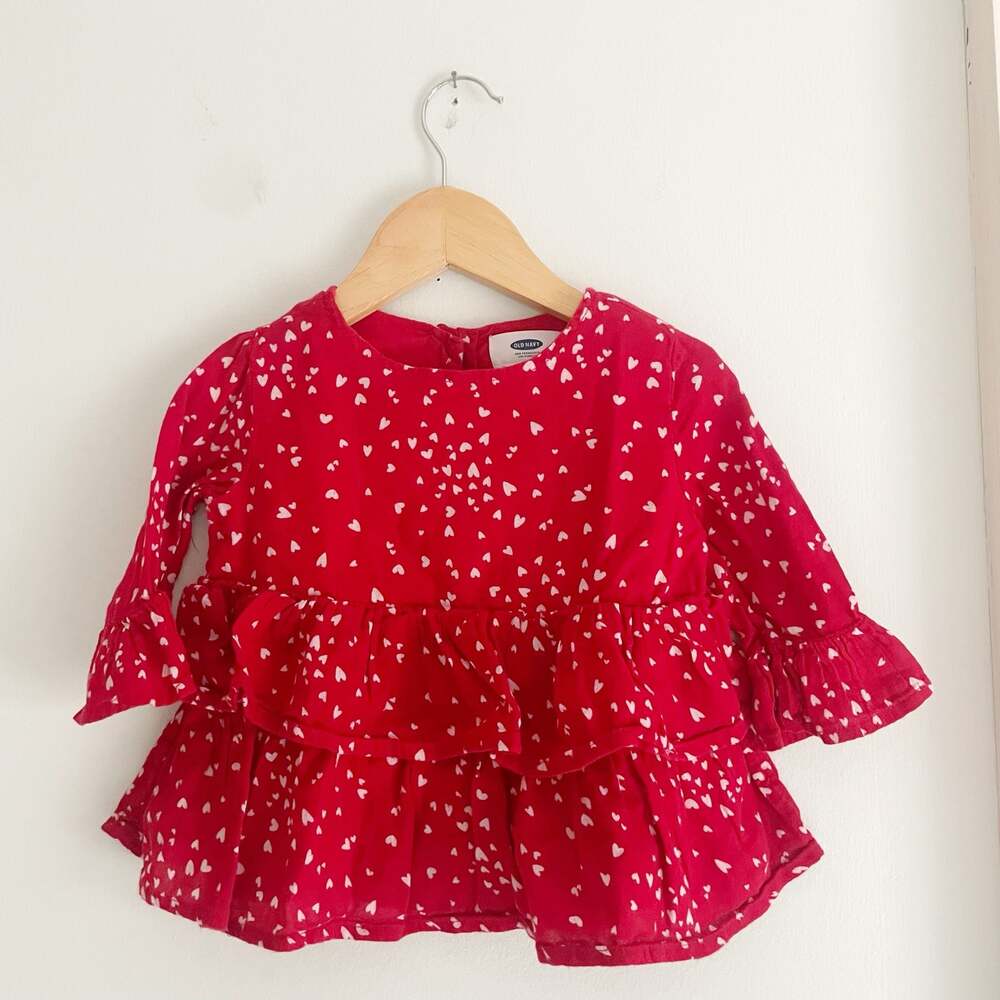 Old Navy Red Heart Print Tiered Ruffle Long Sleeve Top